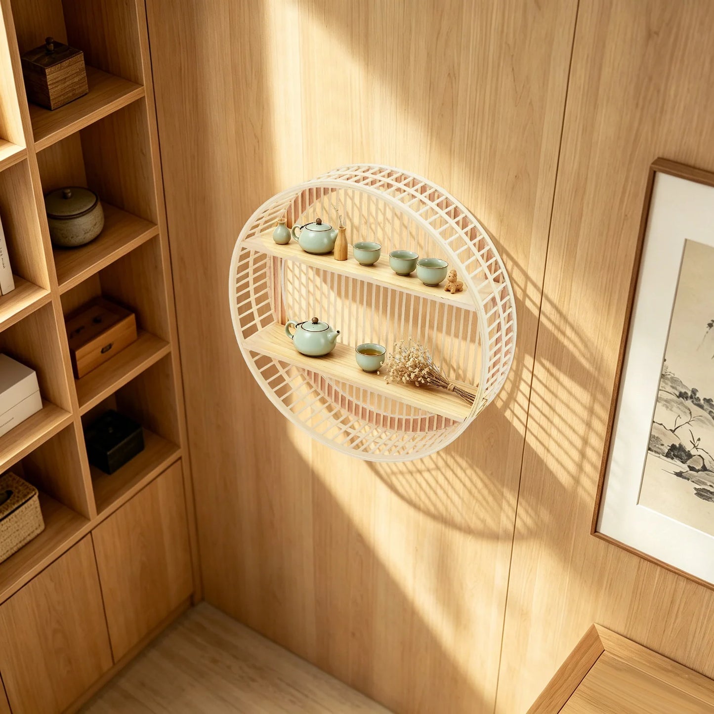 Round Two Tier Bamboo Wall Shelf Farmhouse Decor