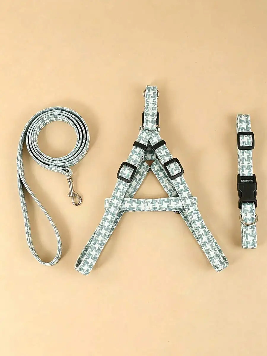 Houndstooth Polyester Dog Collar Harness And Leash Set