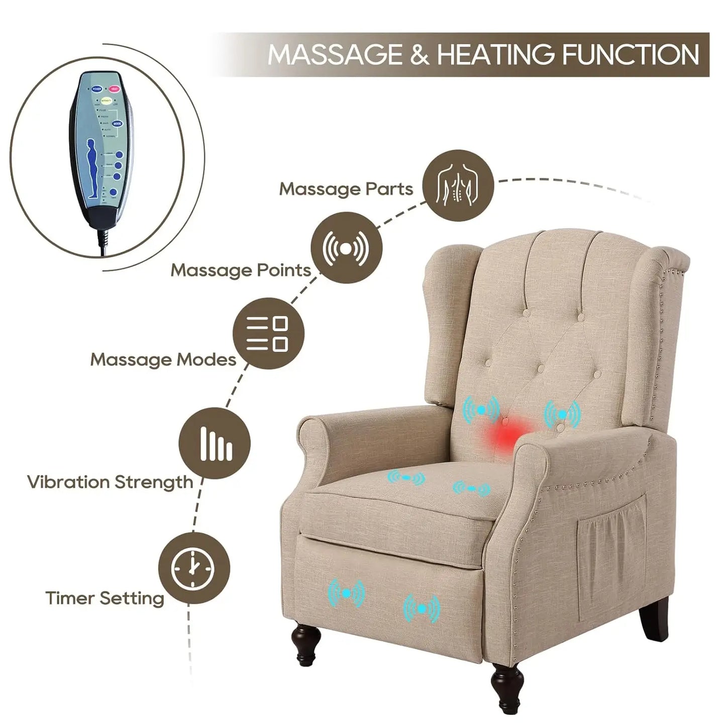 Massage Heat Wingback Recliner Armchair For Living Room