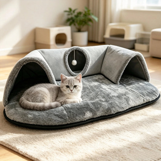 Interactive Cat Tunnel Bed With Soft Plush Cave