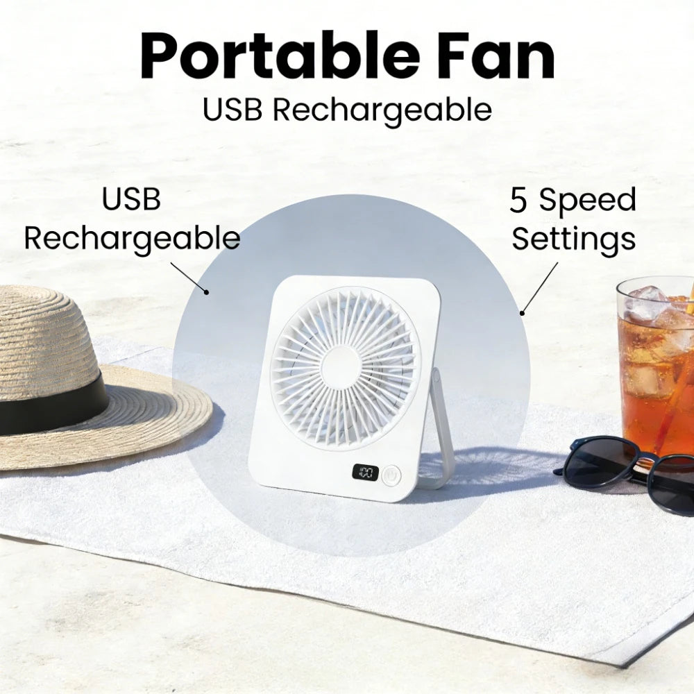 1pc rechargeable USB mini desktop fan, power display, 5-speed ultra quiet personal cooling fan, foldable handle portable fan, suitable for office, home, bedroom, travel, camping