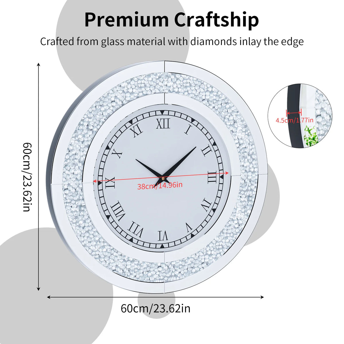 Round Crystal Mirrored Wall Clock Living Room Decor