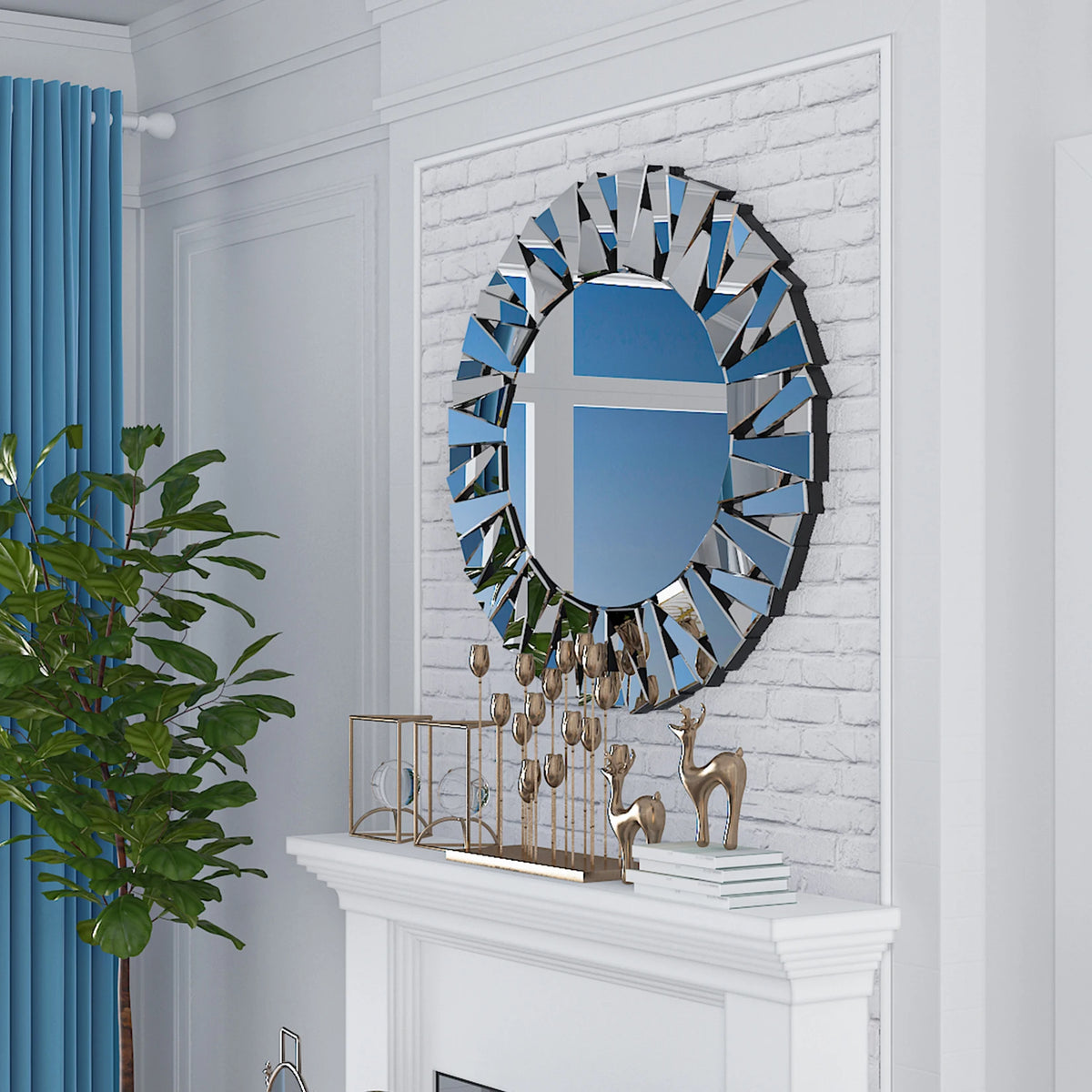 Sunburst Round Wall Mirror, Silver Beveled Glass, Modern