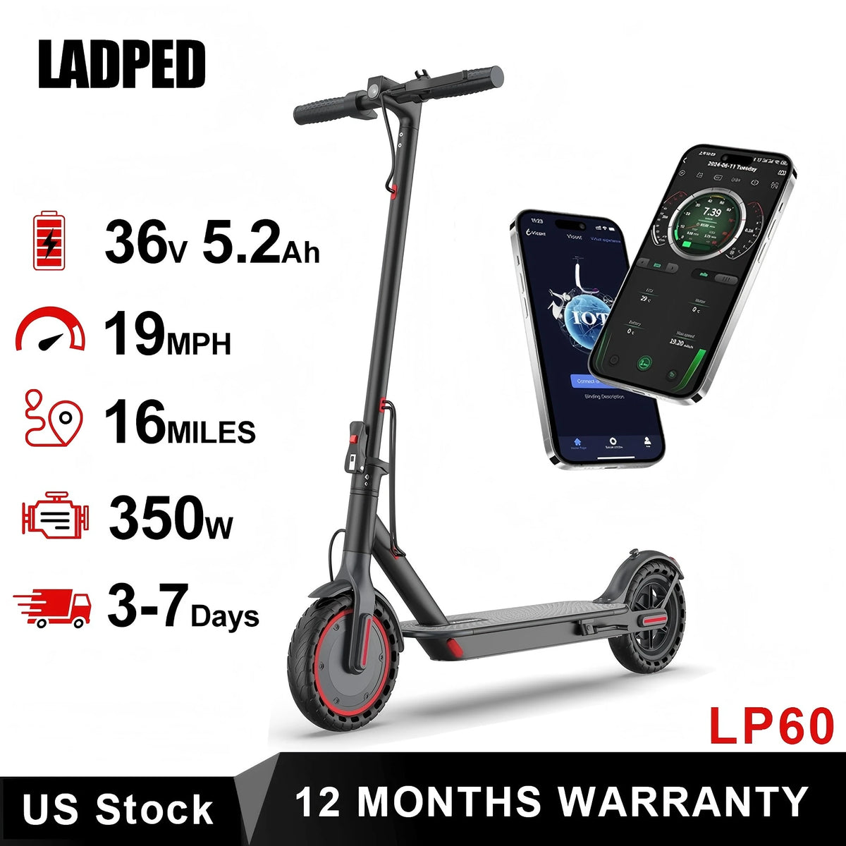 Ladped LP60 Electric Scooter 350W Folding 19 Mph Max Speed 16 Mile Range For Adults
