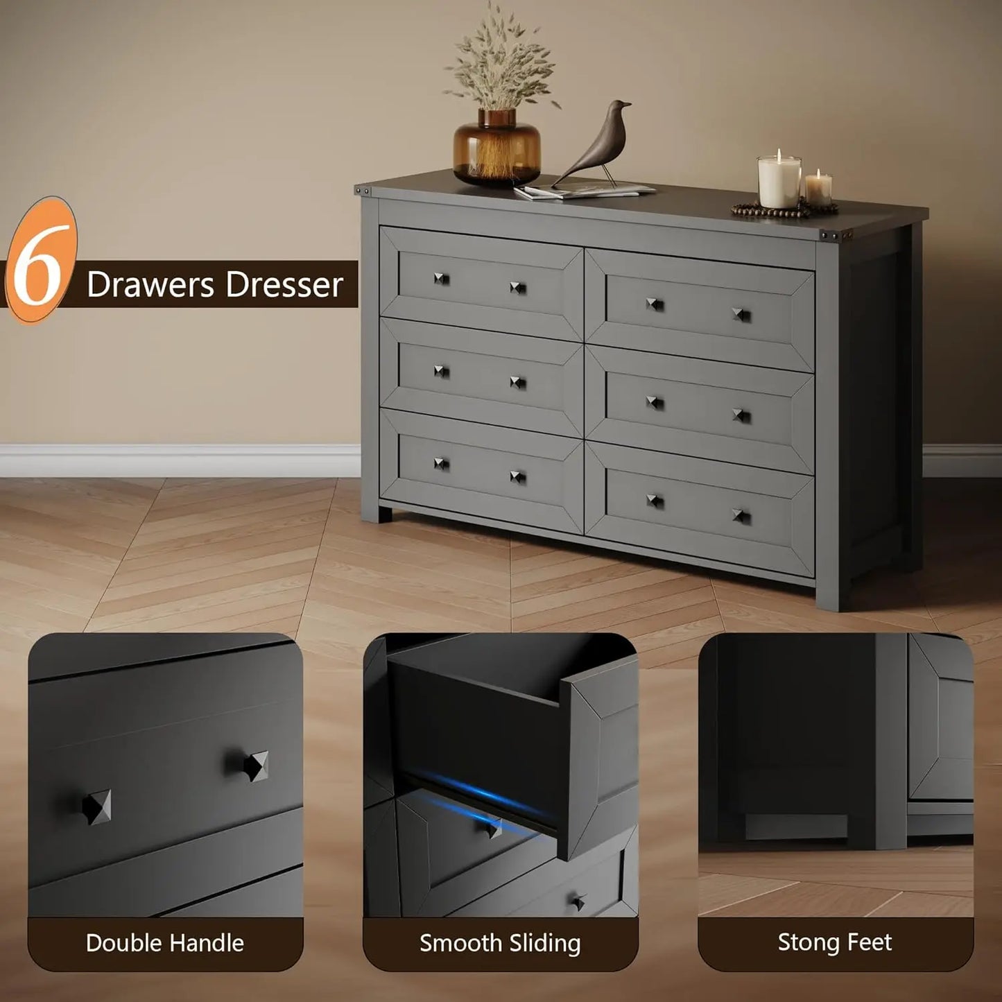 Farmhouse 6 Drawer Dresser With TV Stand Storage