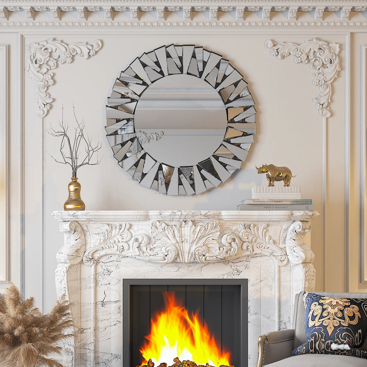 Sunburst Round Wall Mirror, Silver Beveled Glass, Modern