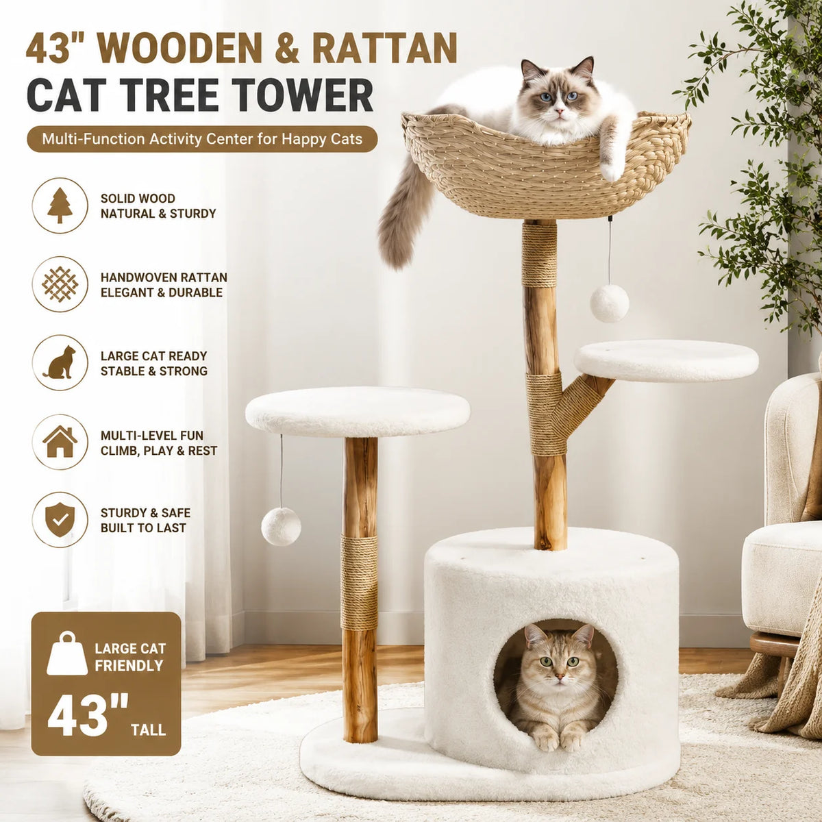 Multi Level Wooden Cat Tree With Rattan And Perches
