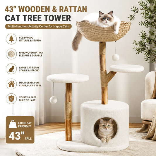 Multi Level Wooden Cat Tree With Rattan And Perches