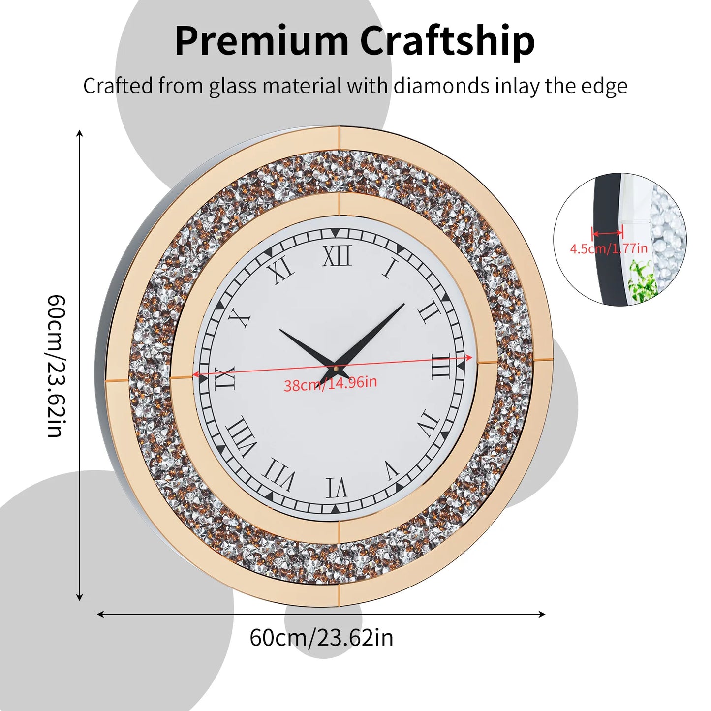 Round Crystal Mirrored Wall Clock Living Room Decor