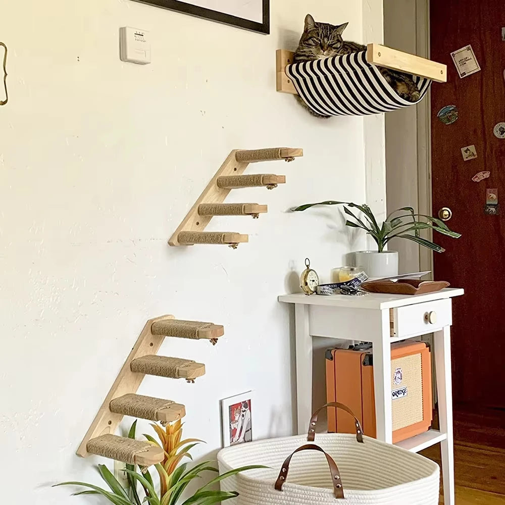 Wall Mounted Wooden Cat Climbing Shelf With Sisal Post