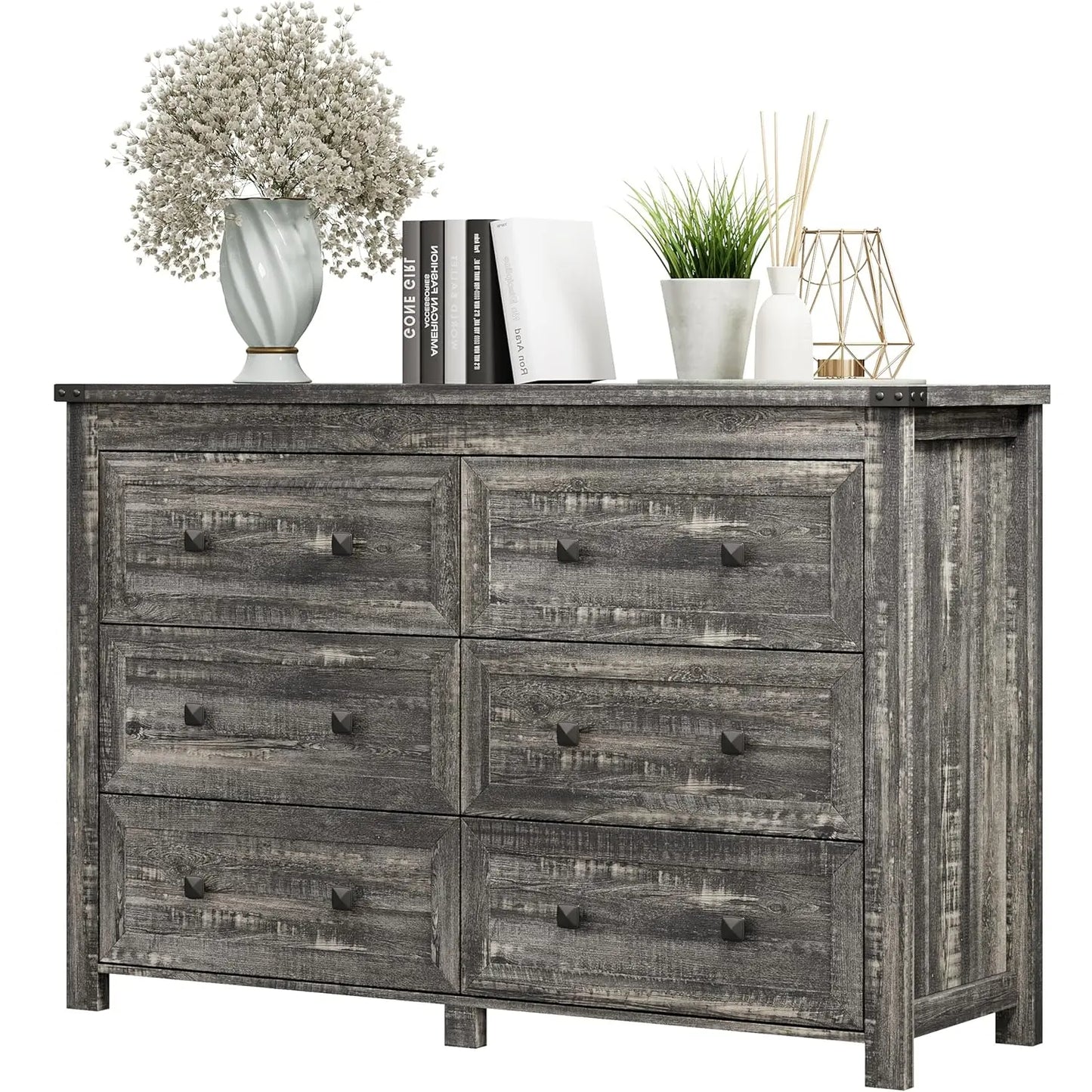 Farmhouse 6 Drawer Dresser With TV Stand Storage