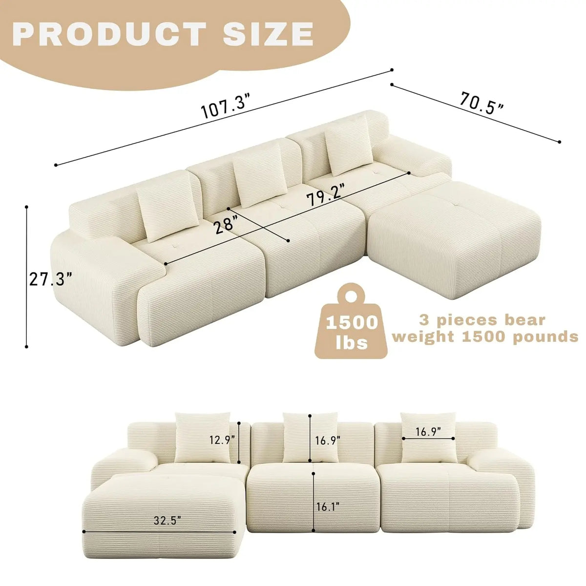Modular Sectional Sofa With Ottoman Corduroy Memory Foam