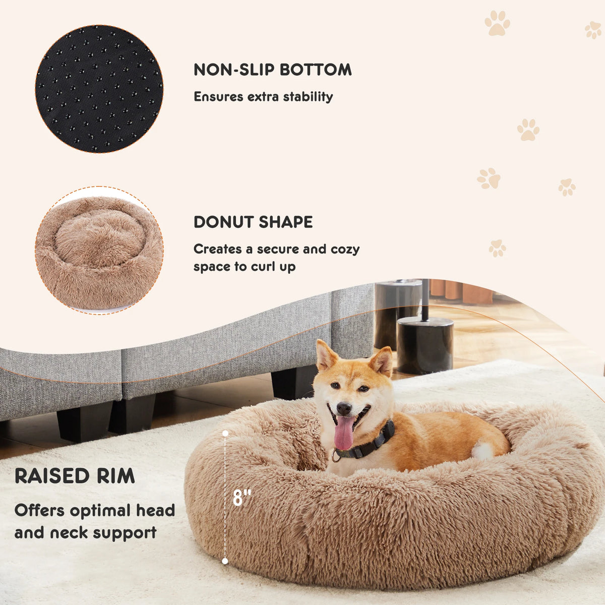 JHK Round Calming Dog Bed Soft Plush Fleece