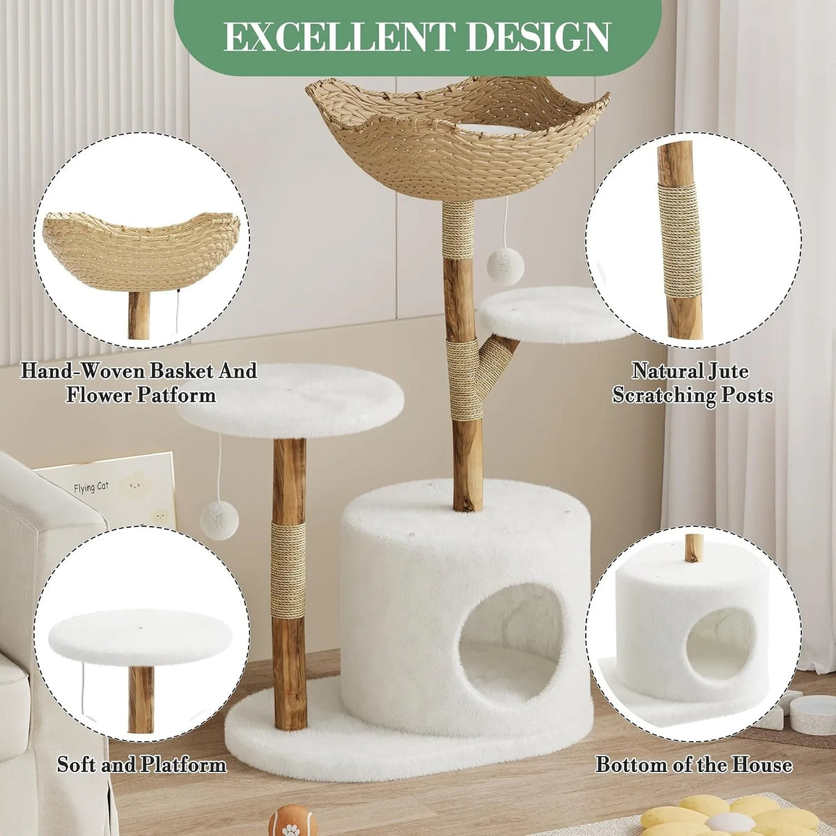Multi Level Wooden Cat Tree With Rattan And Perches
