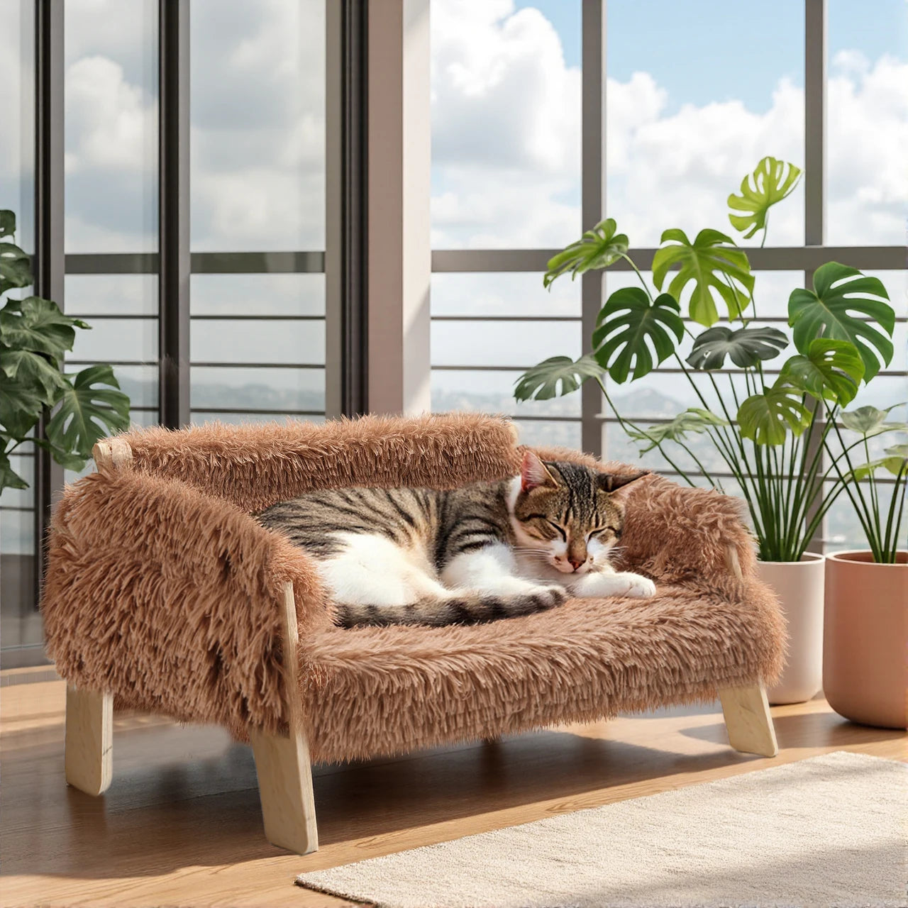 Raised Cat Bed With Sturdy Wooden Legs Large Plush Couch For Indoor Cats And Kittens