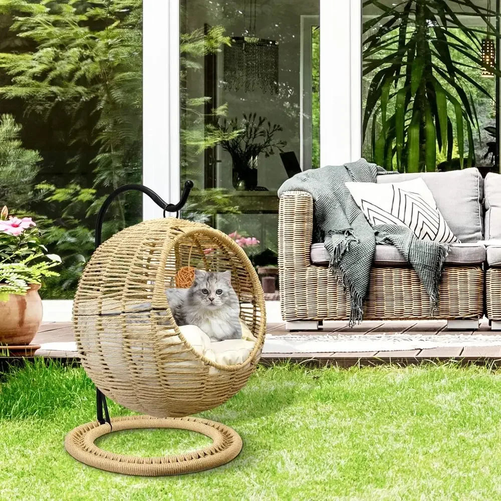 Rattan Cat Swing Bed With Removable Cushion And Toy
