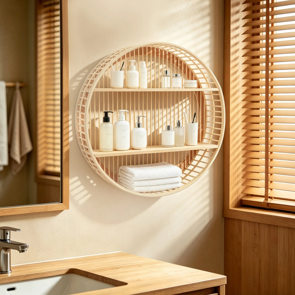 Round Two Tier Bamboo Wall Shelf Farmhouse Decor
