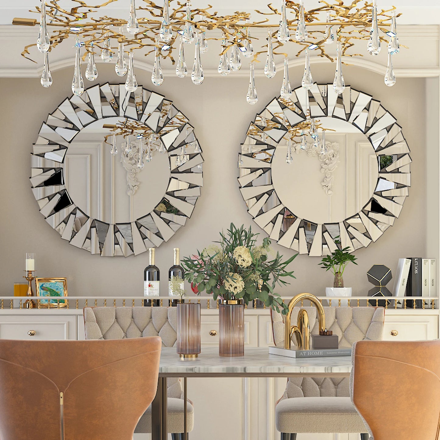 Sunburst Round Wall Mirror, Silver Beveled Glass, Modern