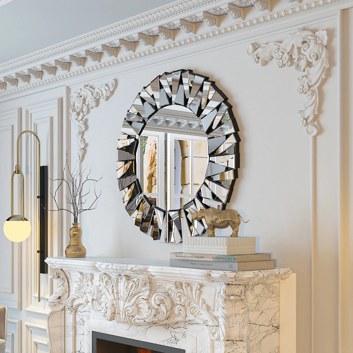 Sunburst Round Wall Mirror, Silver Beveled Glass, Modern