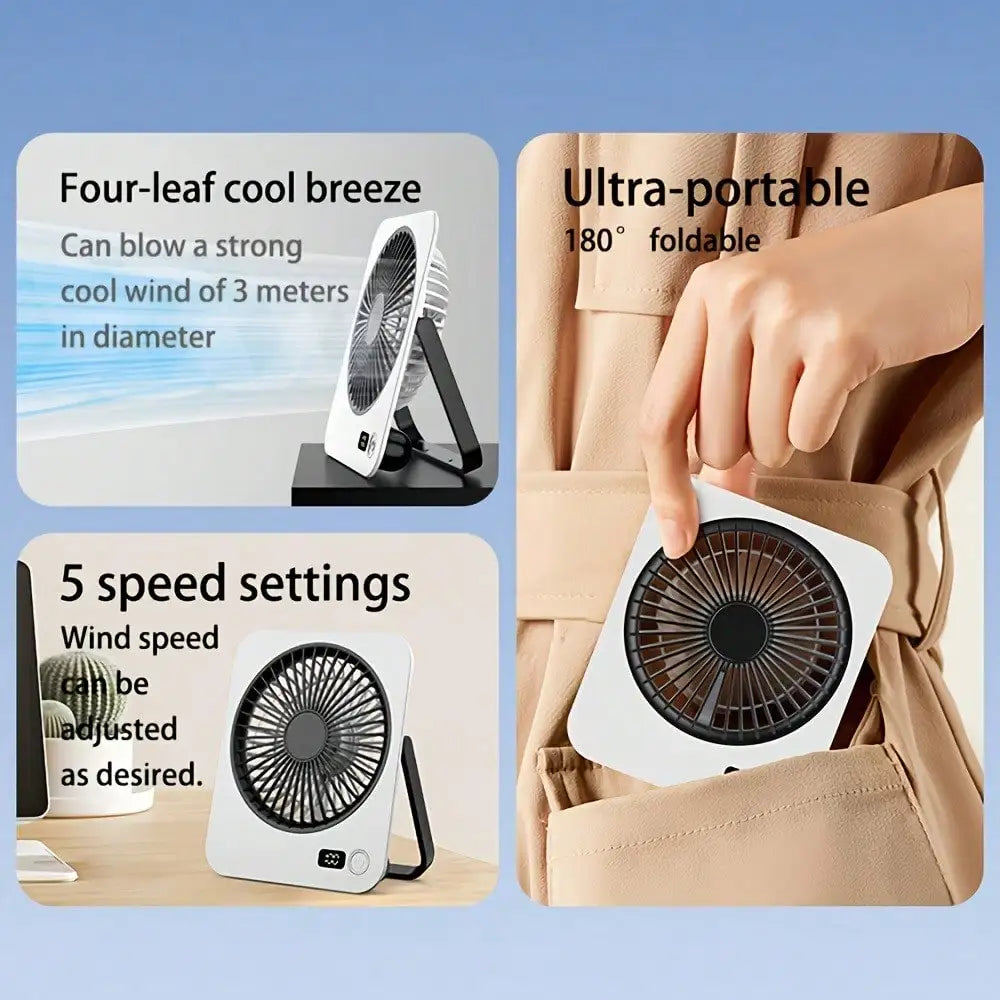 1pc rechargeable USB mini desktop fan, power display, 5-speed ultra quiet personal cooling fan, foldable handle portable fan, suitable for office, home, bedroom, travel, camping