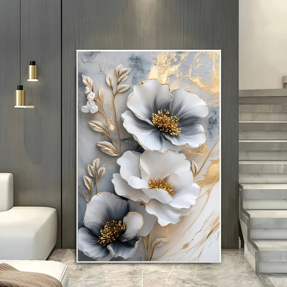 Modern Luxury Floral Canvas Mural With Framed 3D Artwork