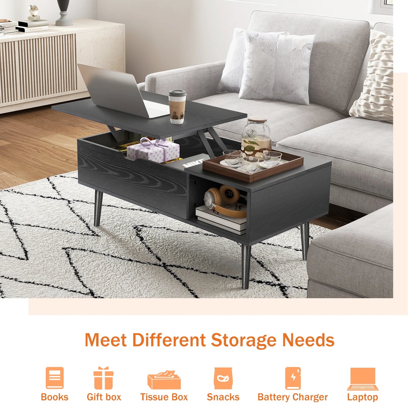 JHK Lift Top Coffee Table With Storage And Adjustable Lift
