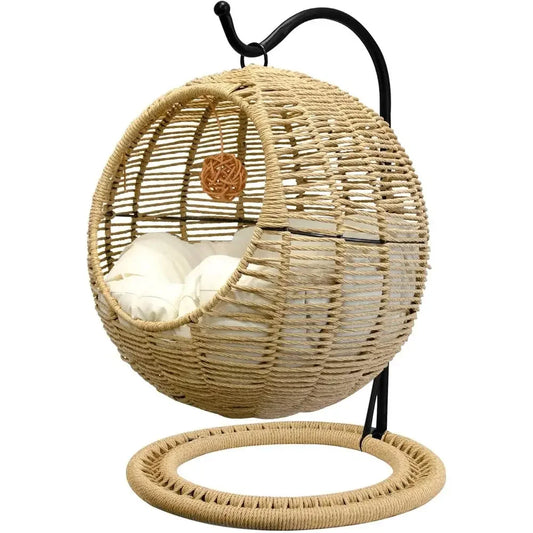 Rattan Cat Swing Bed With Removable Cushion And Toy