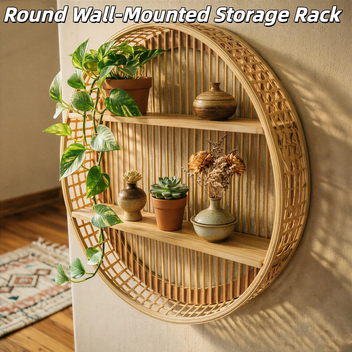 Round Two Tier Bamboo Wall Shelf Farmhouse Decor
