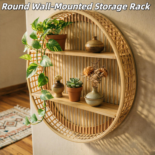 Round Two Tier Bamboo Wall Shelf Farmhouse Decor