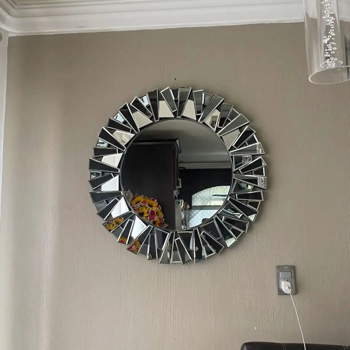 Sunburst Round Wall Mirror Silver Beveled Glass