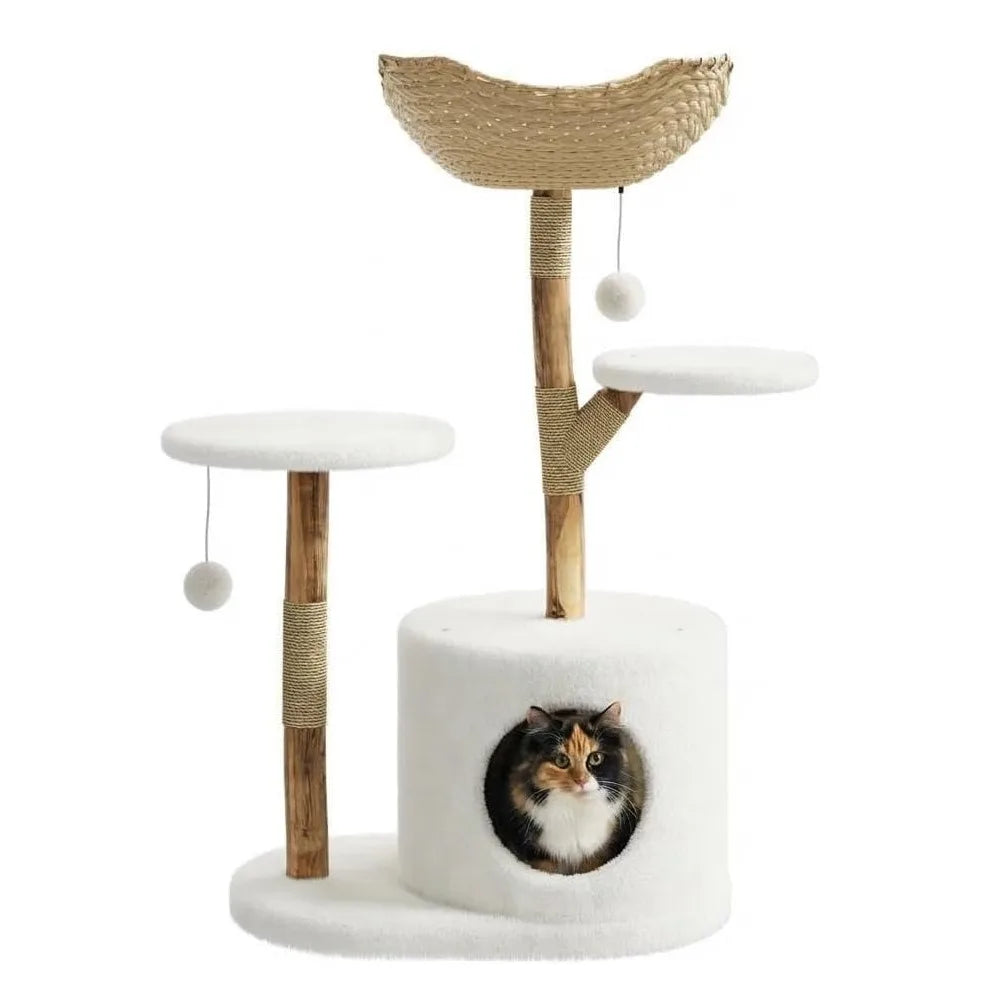 Multi Level Wooden Cat Tree With Rattan And Perches