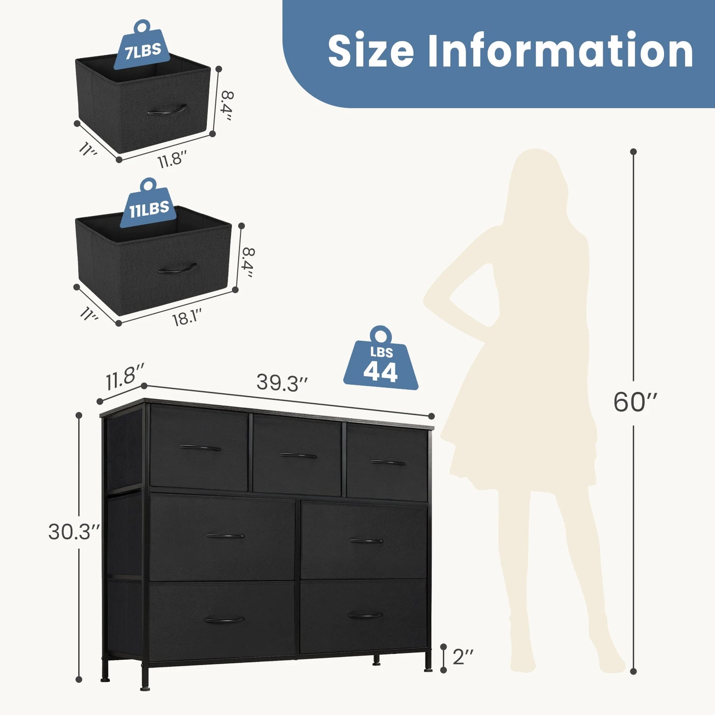 JHK Modern Metal Frame Dresser 7 Fabric Drawers Chest