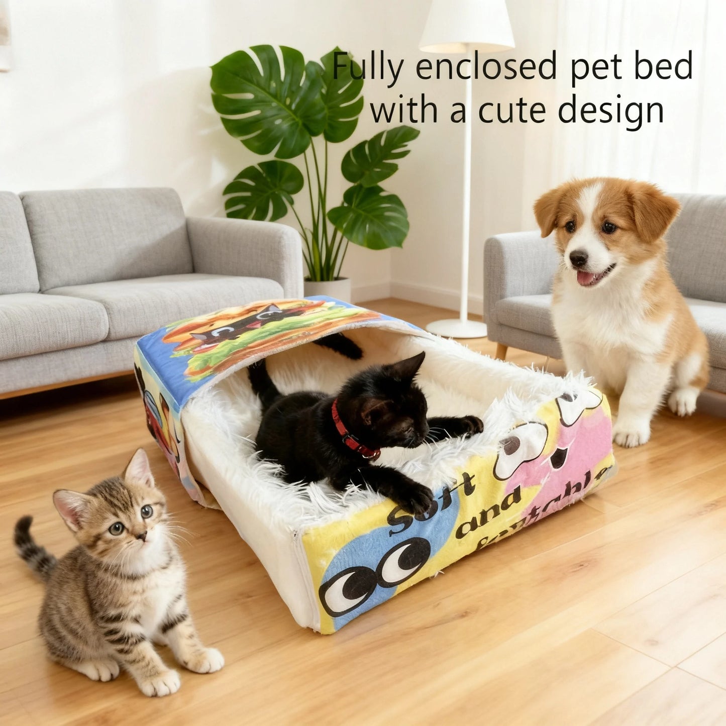 Booteely Cartoon Hamburger Cozy Plush Cat Bed