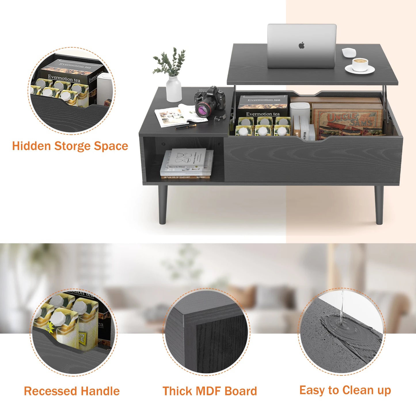 JHK Lift Top Coffee Table With Storage And Adjustable Lift