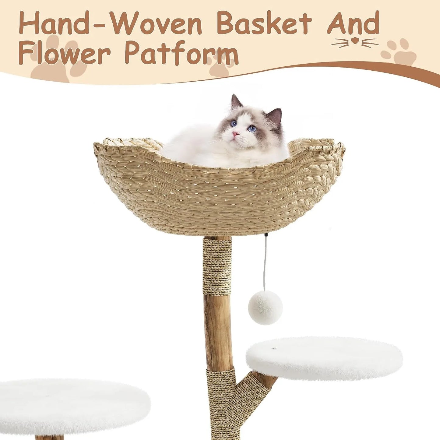 Multi Level Wooden Cat Tree With Rattan And Perches