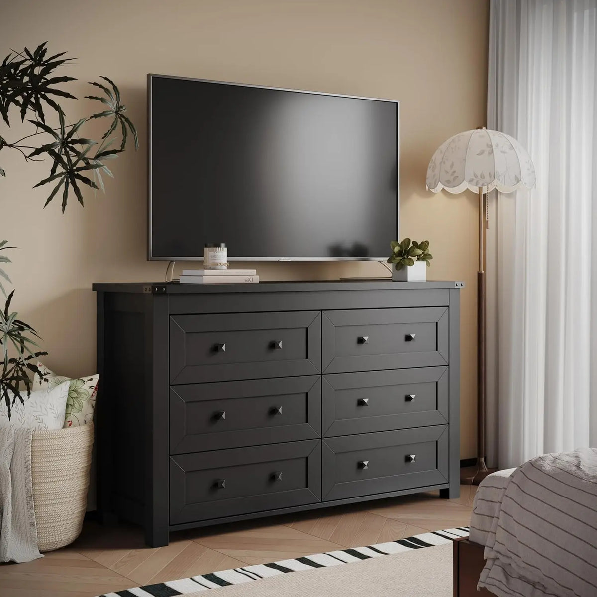 Farmhouse 6 Drawer Dresser With TV Stand Storage