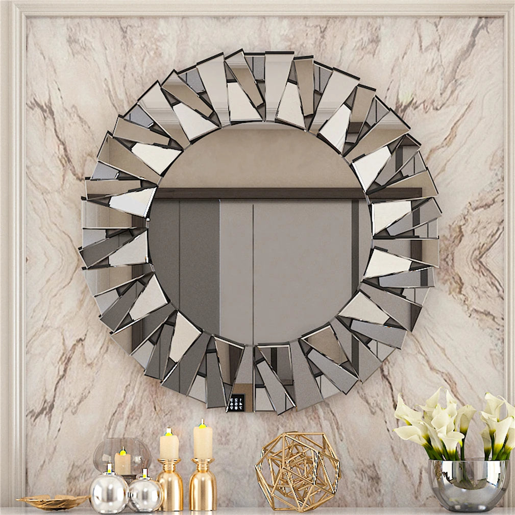 Sunburst Round Wall Mirror Silver Beveled Glass