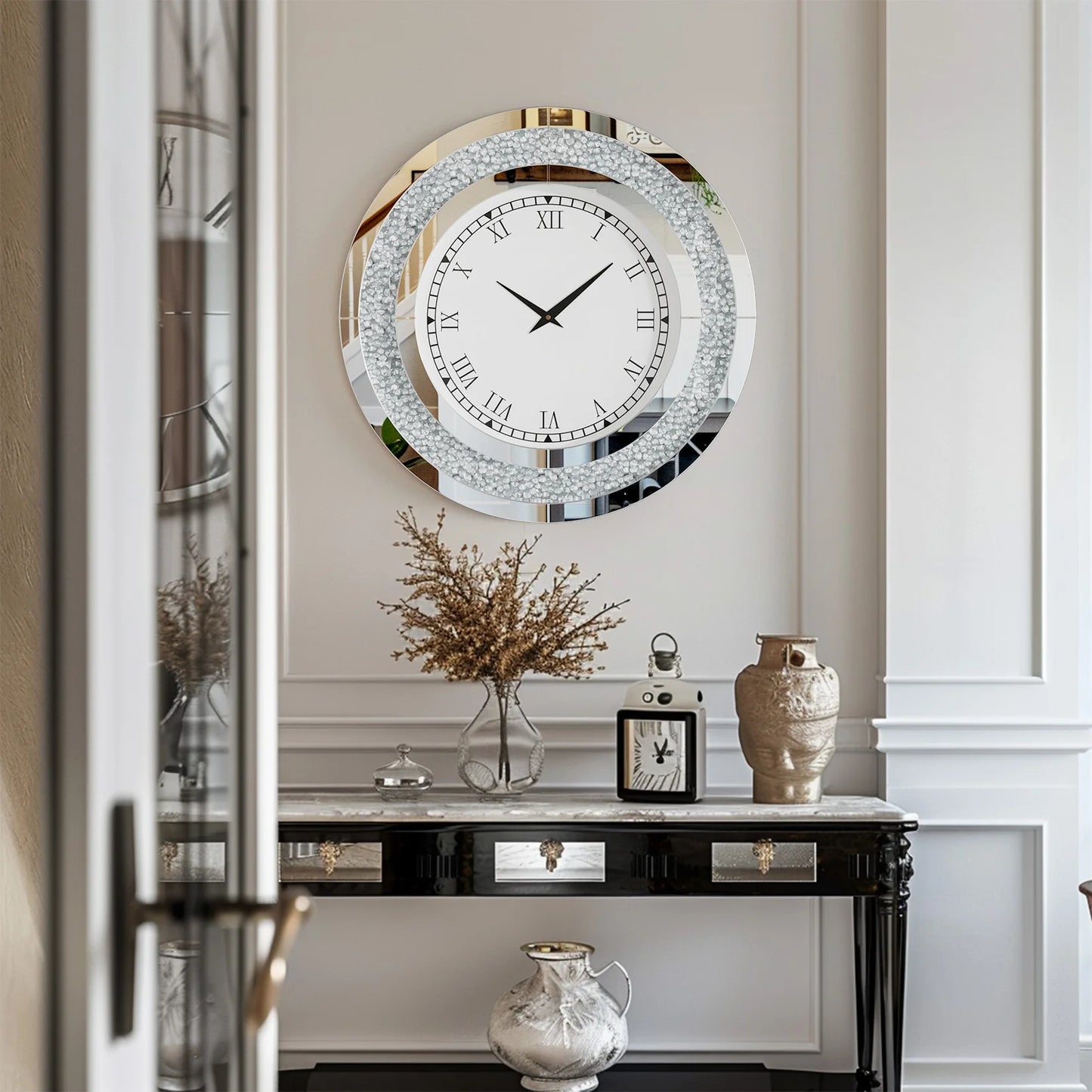 Round Crystal Mirrored Wall Clock Living Room Decor