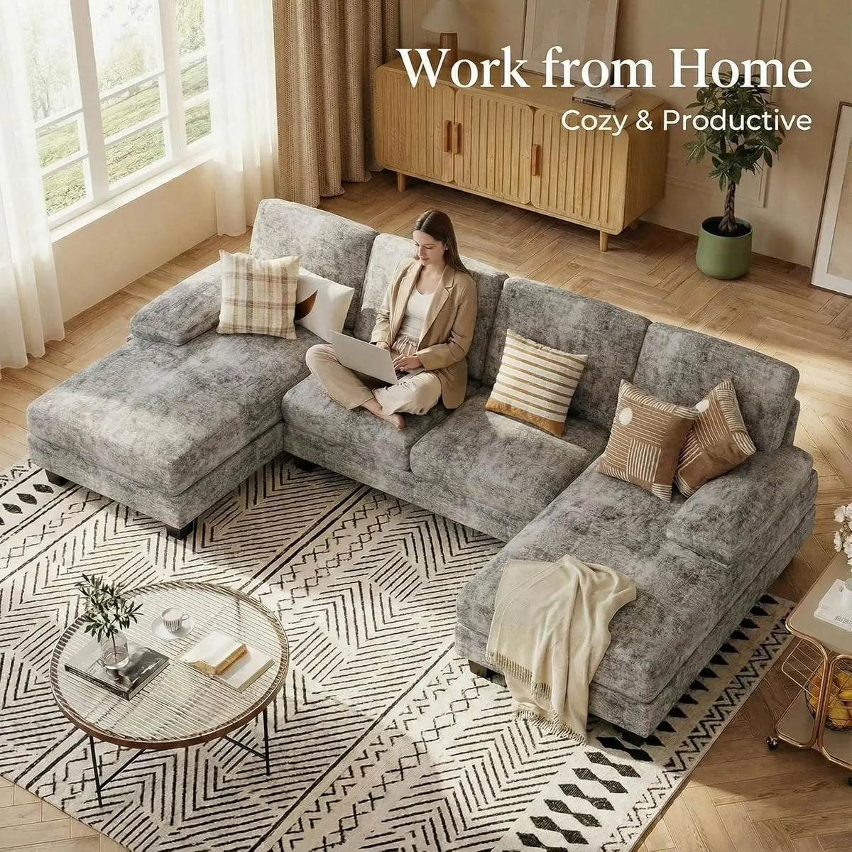 U Shaped Sectional Sofa Chenille Four Seat Cushions
