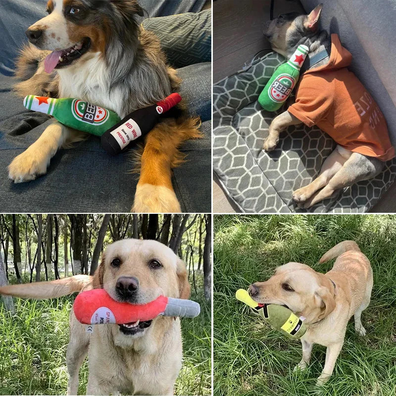 Beer Bottle Shaped Plush Dog Chew Toy With Squeaker