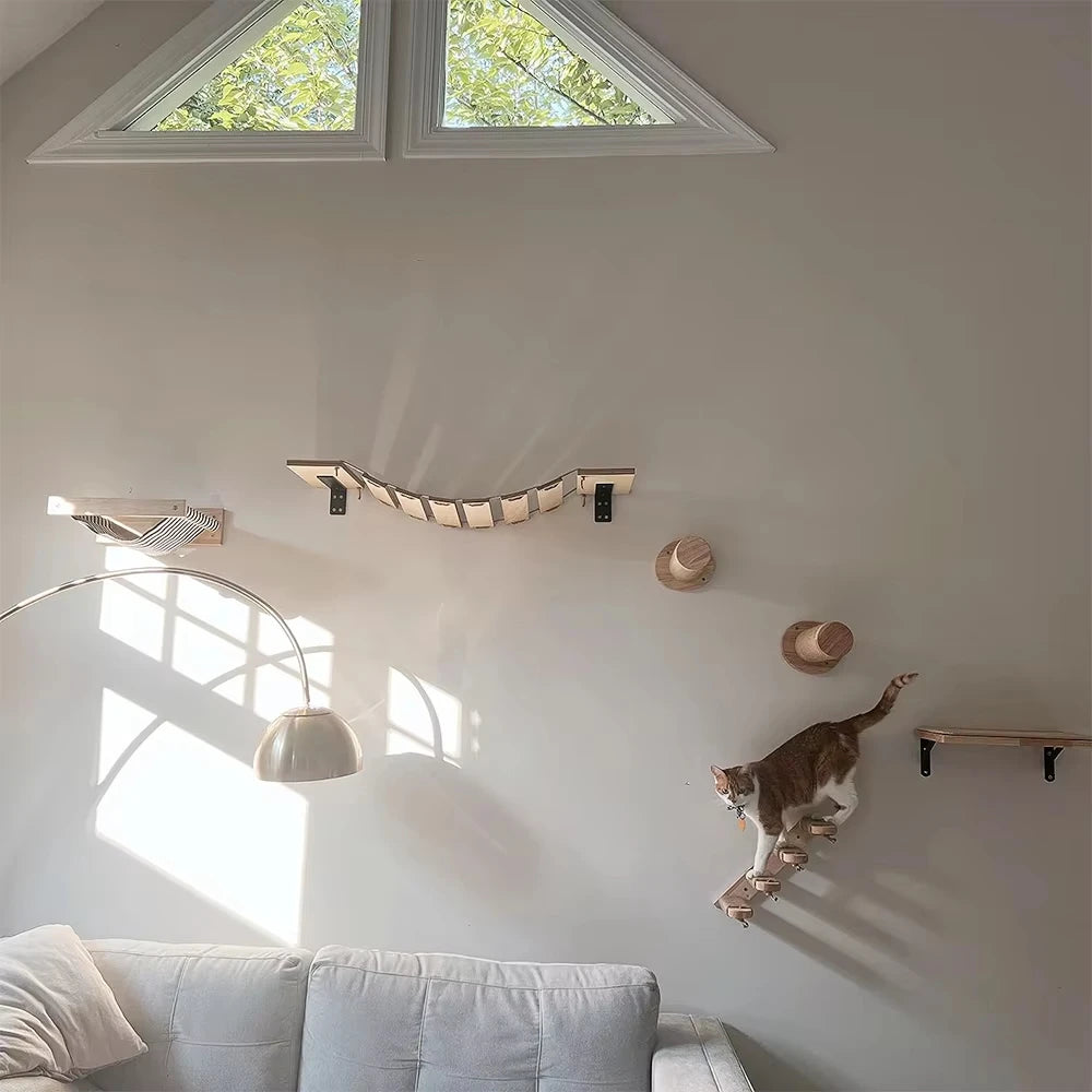 Wall Mounted Wooden Cat Climbing Shelf With Sisal Post