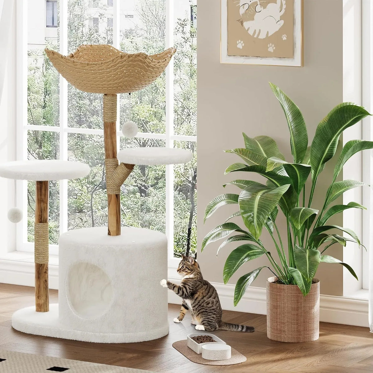 Multi Level Wooden Cat Tree With Rattan And Perches