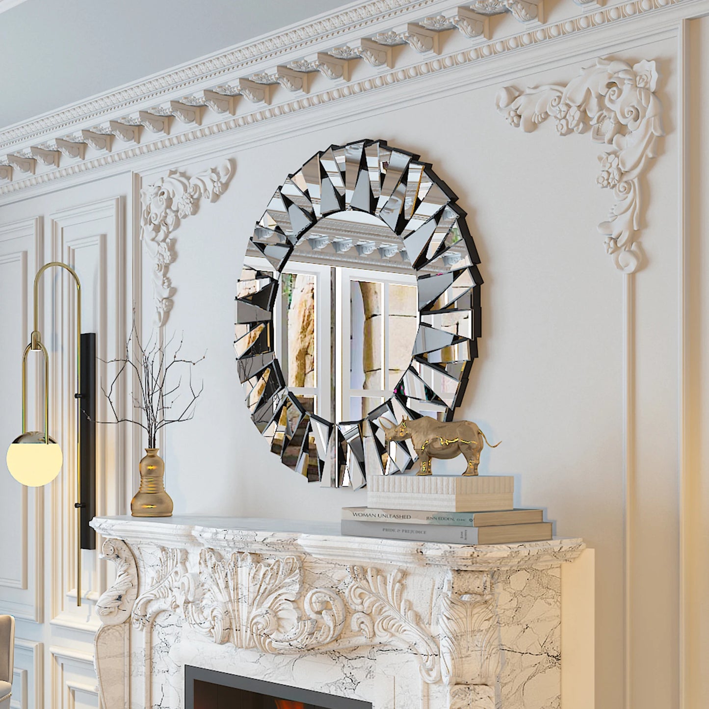 Sunburst Round Wall Mirror, Silver Beveled Glass, Modern