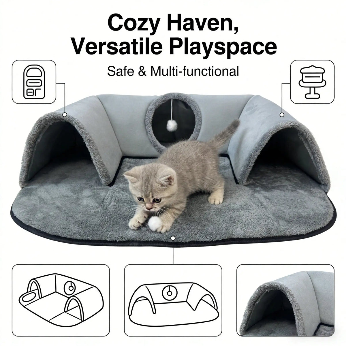 Interactive Cat Tunnel Bed With Soft Plush Cave