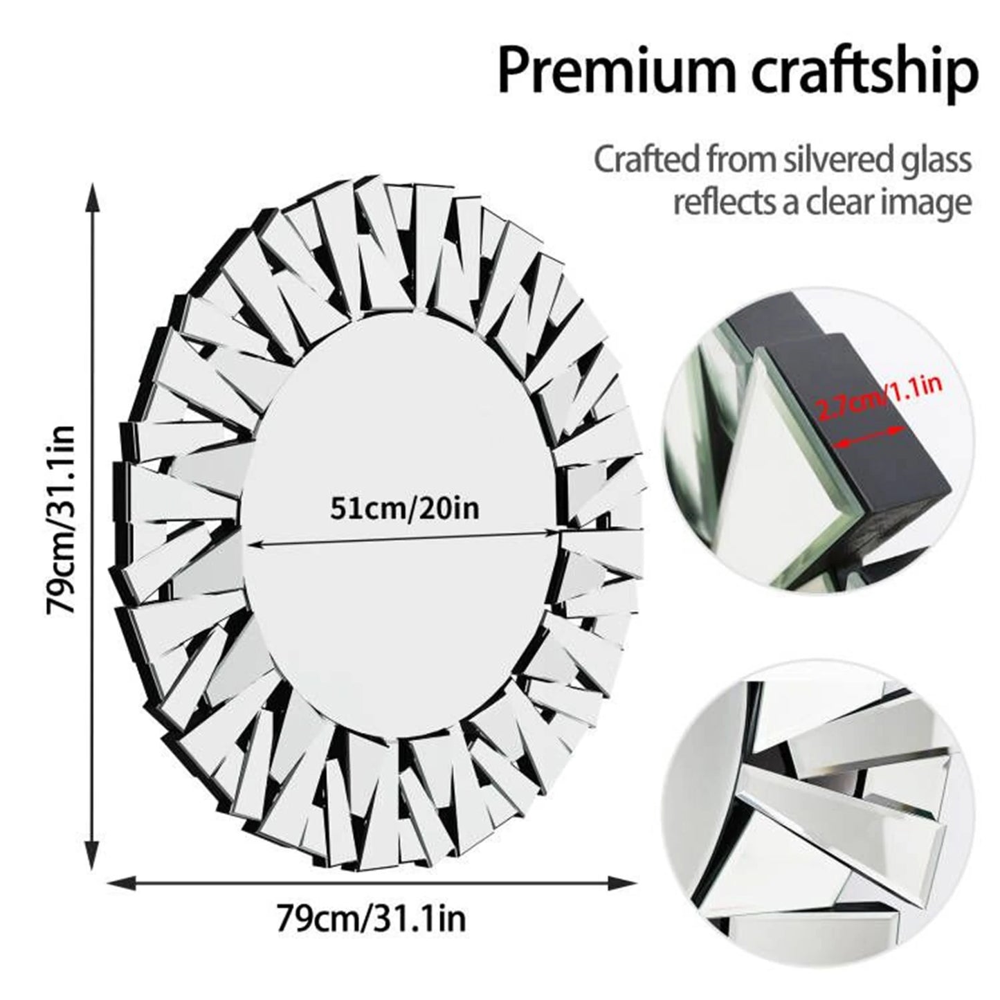 Sunburst Round Wall Mirror Silver Beveled Glass