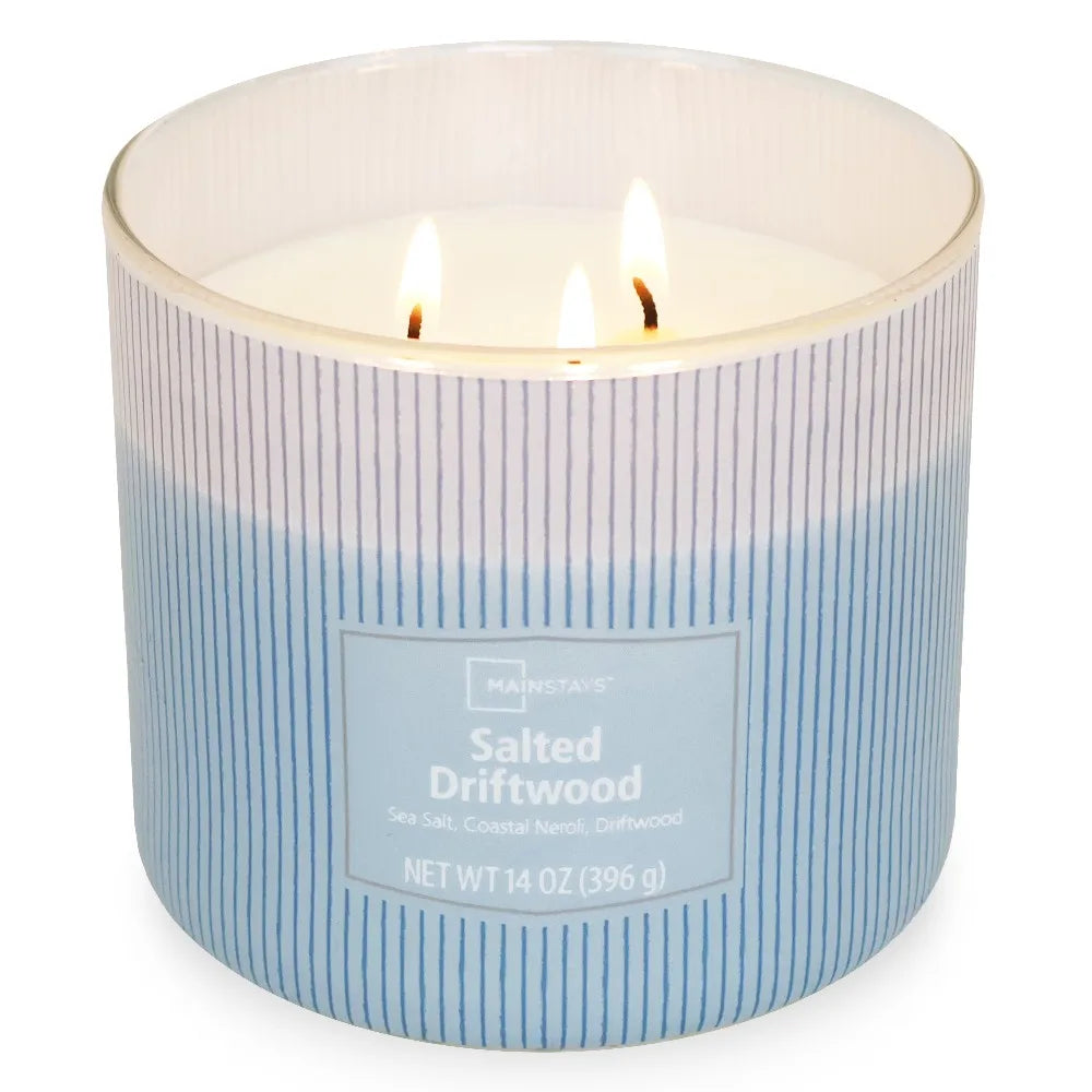 Large 14oz Scented Candle Triple Wick Textured Jar with Salted Driftwood Ocean Aroma for Home Decor Relaxation