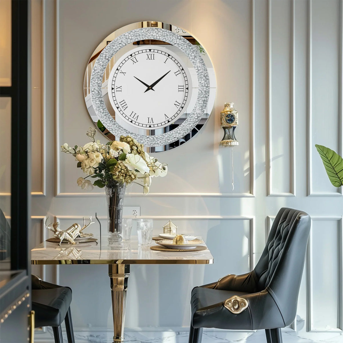 Round Crystal Mirrored Wall Clock Living Room Decor