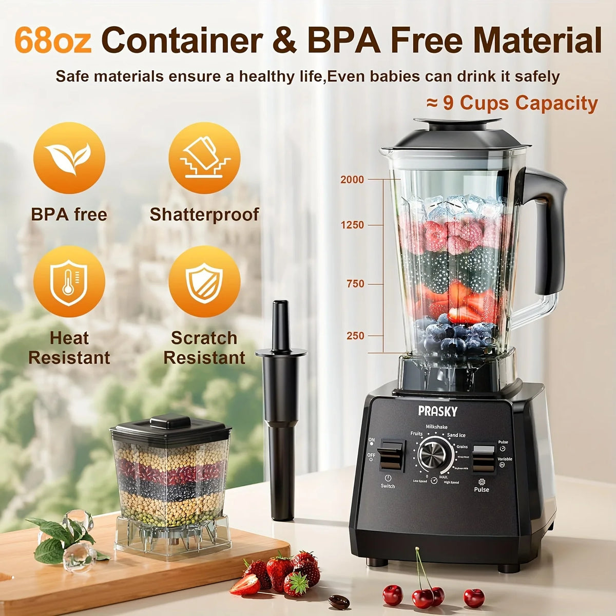 Prasky 2400W Blender And Grinder Combo Two Containers