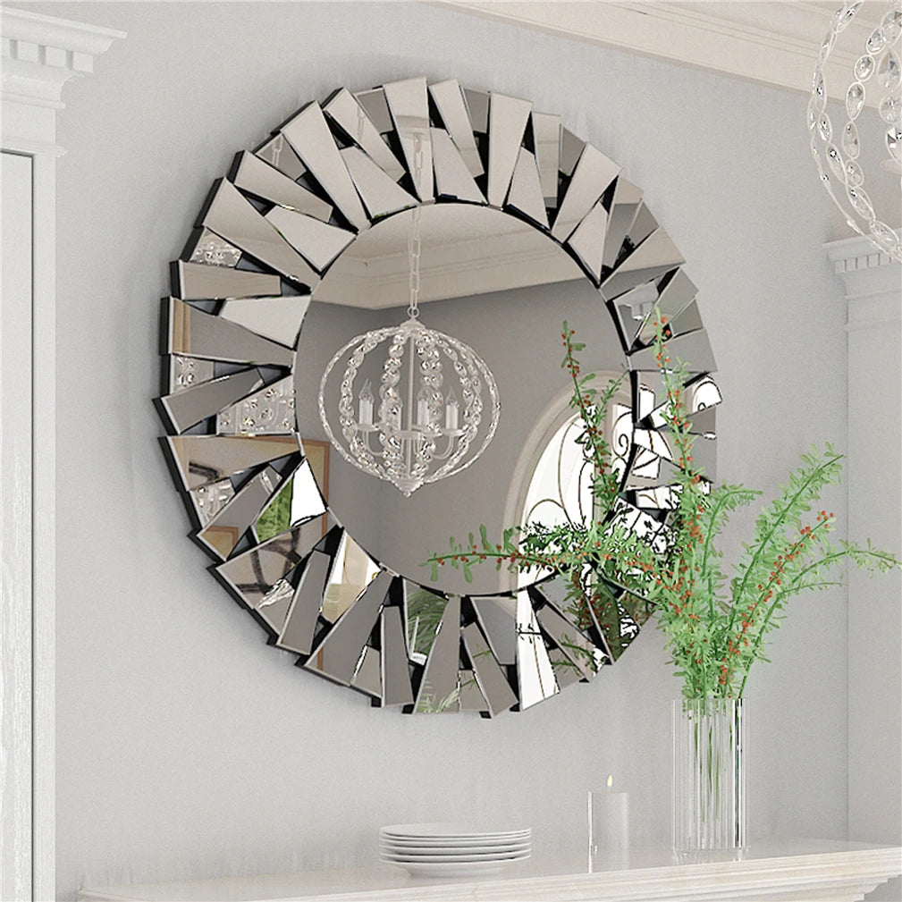 Sunburst Round Wall Mirror Silver Beveled Glass