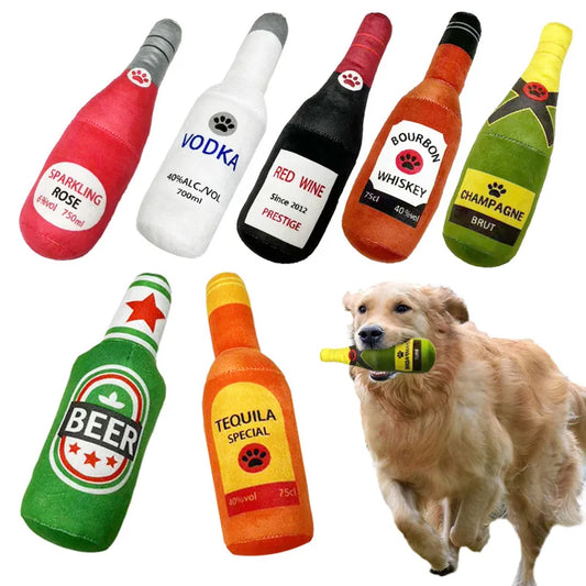 Beer Bottle Shaped Plush Dog Chew Toy With Squeaker